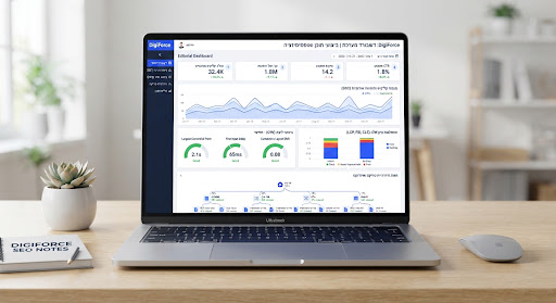 Editorial dashboard visualization showing Google Search Console organic growth metrics, Core Web Vitals performance graph, and crawl hierarchy diagrams. Modern high tech clean design with crisp electric royal blue accents (#294ef1), navy slate (#101d33) labels, on clean light studio desk environment.